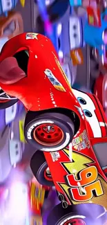 Red animated race car in a vibrant cartoon style.