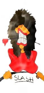 Cartoon rock musician in red shirt with black hair on a white background.