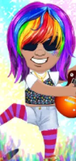 Vibrant cartoon character rocking a guitar with rainbow colors.