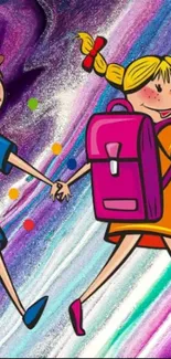 Playful cartoon kids with backpacks on a colorful background.