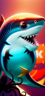 Vibrant cartoon shark with orange backdrop.