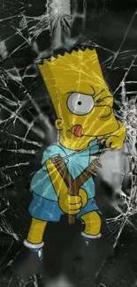 Cartoon character with slingshot on shattered glass background wallpaper.