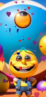 Vibrant cartoon smiley with colorful spheres background.