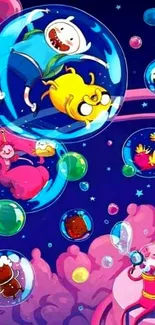 Cartoon characters float in vibrant bubbles against a blue space backdrop.