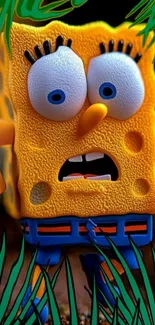 Cartoon sponge character in a jungle setting.