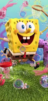 Cartoon sponge character in vibrant underwater scene