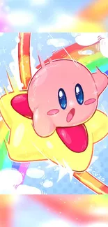 Cheerful pink character on a yellow star with rainbow background.