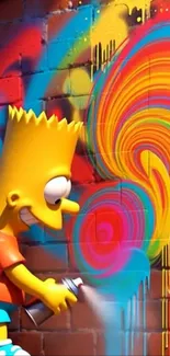 Cartoon character spray painting vibrant graffiti wall.