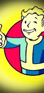 Cartoon figure with thumbs up in blue and yellow.