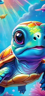 Colorful cartoon turtle swimming underwater in vibrant ocean scene.