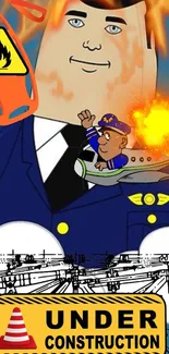 Cartoon pilot with fire and under construction sign in vibrant colors.