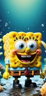 Cartoon sponge character in an underwater scene with bright colors.