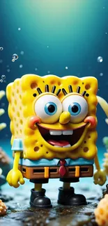 Colorful cartoon underwater wallpaper with a joyful yellow character.