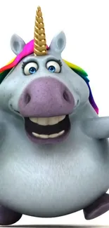 Cartoon unicorn with rainbow mane and big smile on white background.