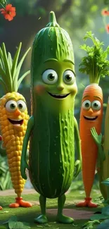 Cute cartoon vegetables in a garden setting.