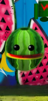 Colorful cartoon watermelon with graffiti wall art background.