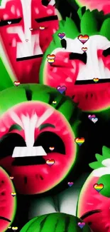 Cartoon watermelon faces with vibrant green and pink colors.