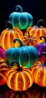 Vibrant, glowing pumpkins with intricate carvings in orange, blue, and purple hues.