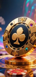 Golden poker chip with vibrant colors and intricate designs.