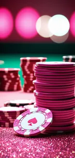 Pink casino chips stacked with a glittery background.