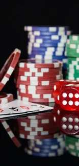 Colorful casino scene with poker chips and dice.