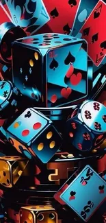 Vibrant wallpaper featuring dice and playing cards.