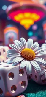 Colorful casino dice and daisies with vibrant background.