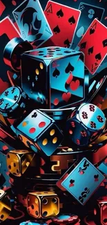 Vibrant casino-themed wallpaper with dice and cards in dynamic colors.