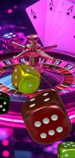 Colorful casino elements with dice and cards in vibrant hues.