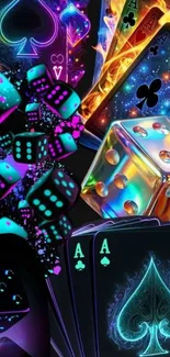 Neon-themed wallpaper with glowing cards and dice in vibrant colors.