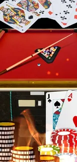 Red pool table with cards and chips theme.