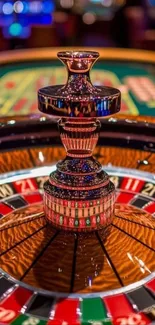 Close-up of a vibrant casino roulette wheel.