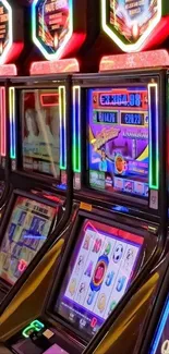 Vibrant slot machines with neon lights in a casino setting.
