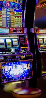 Colorful casino slot machines in neon lights.