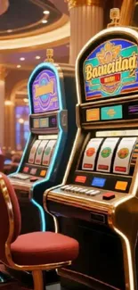 Colorful casino slot machines with neon lights.