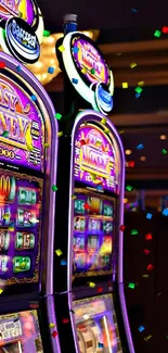 Colorful slot machines in a casino setting with vibrant neon lights.