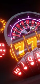 Vibrant casino-themed wallpaper with neon lights and a roulette wheel.