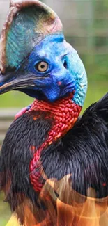 Vibrant cassowary bird with colorful feathers in a natural setting.