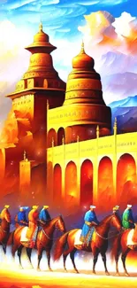 Vibrant fantasy castle with riders at sunset in digital art style.