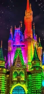 Vibrant castle illuminated with rainbow colors under a starry sky.