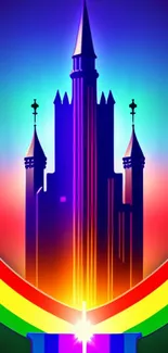 Vibrant castle silhouette with rainbow colors on a phone wallpaper.