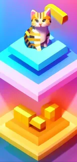 Colorful abstract wallpaper with a cat on geometric blocks.