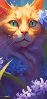 Orange cat surrounded by blue and purple flowers in a vibrant artwork.