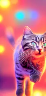 Vibrant cat with glowing bokeh lights behind.