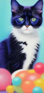 Vibrant cat with colorful bubbles wallpaper.