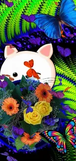 Vibrant wallpaper with a cat, flowers, and butterflies on a psychedelic green background.