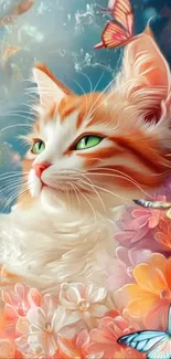 Vibrant artwork of a cat surrounded by colorful butterflies and flowers.