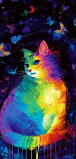 Colorful cat with butterflies on a black background.