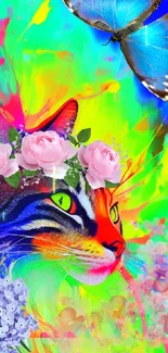 Colorful cat with floral crown and butterfly on vibrant background.