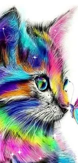 Vibrant rainbow-colored cat with butterfly illustration.